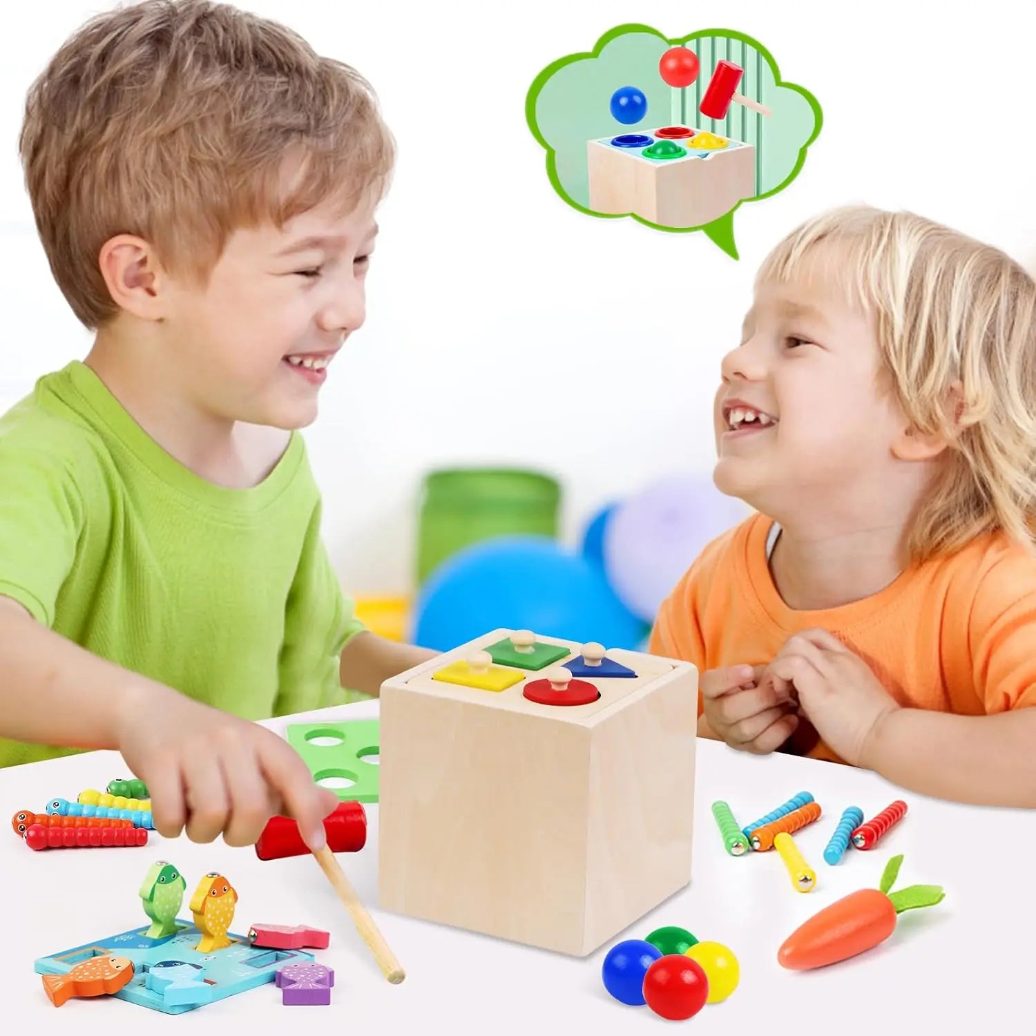 Kit d'éveil Montessori en bois — boîte à formes, pièces et carotte