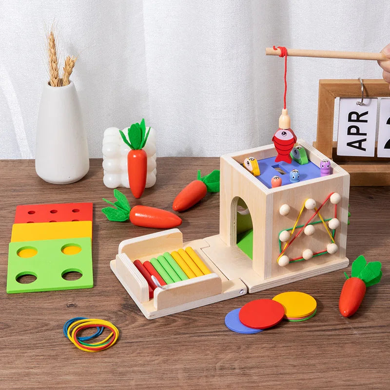 Montessori Wooden Awakening Kit — shape sorter, pieces and carrot