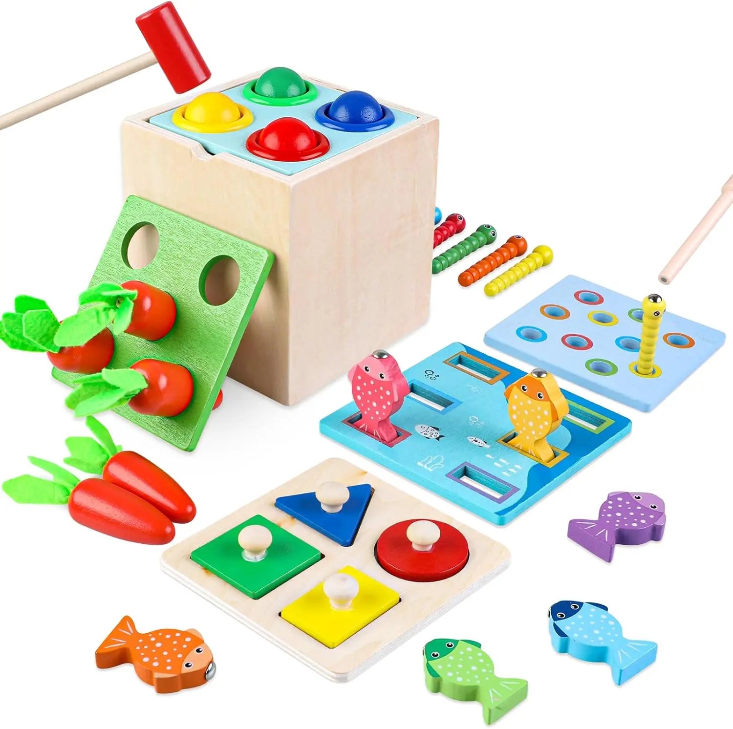 Kit d'éveil Montessori en bois — boîte à formes, pièces et carotte