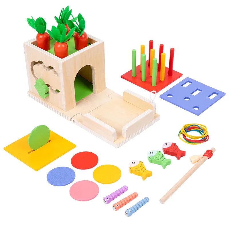Kit d'éveil Montessori en bois — boîte à formes, pièces et carotte