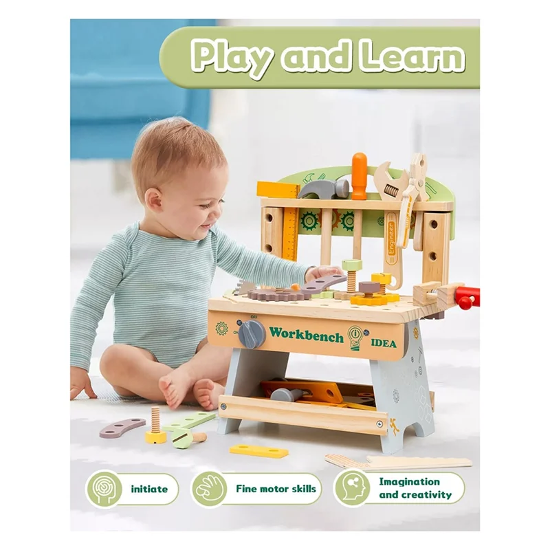 B78B-For Kids Educational Construction , Toddler Wooden Tool Bench Pretend Play Set For Ages 3-5, Gift