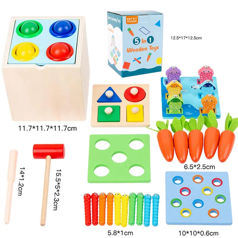 Kit d'éveil Montessori en bois — boîte à formes, pièces et carotte