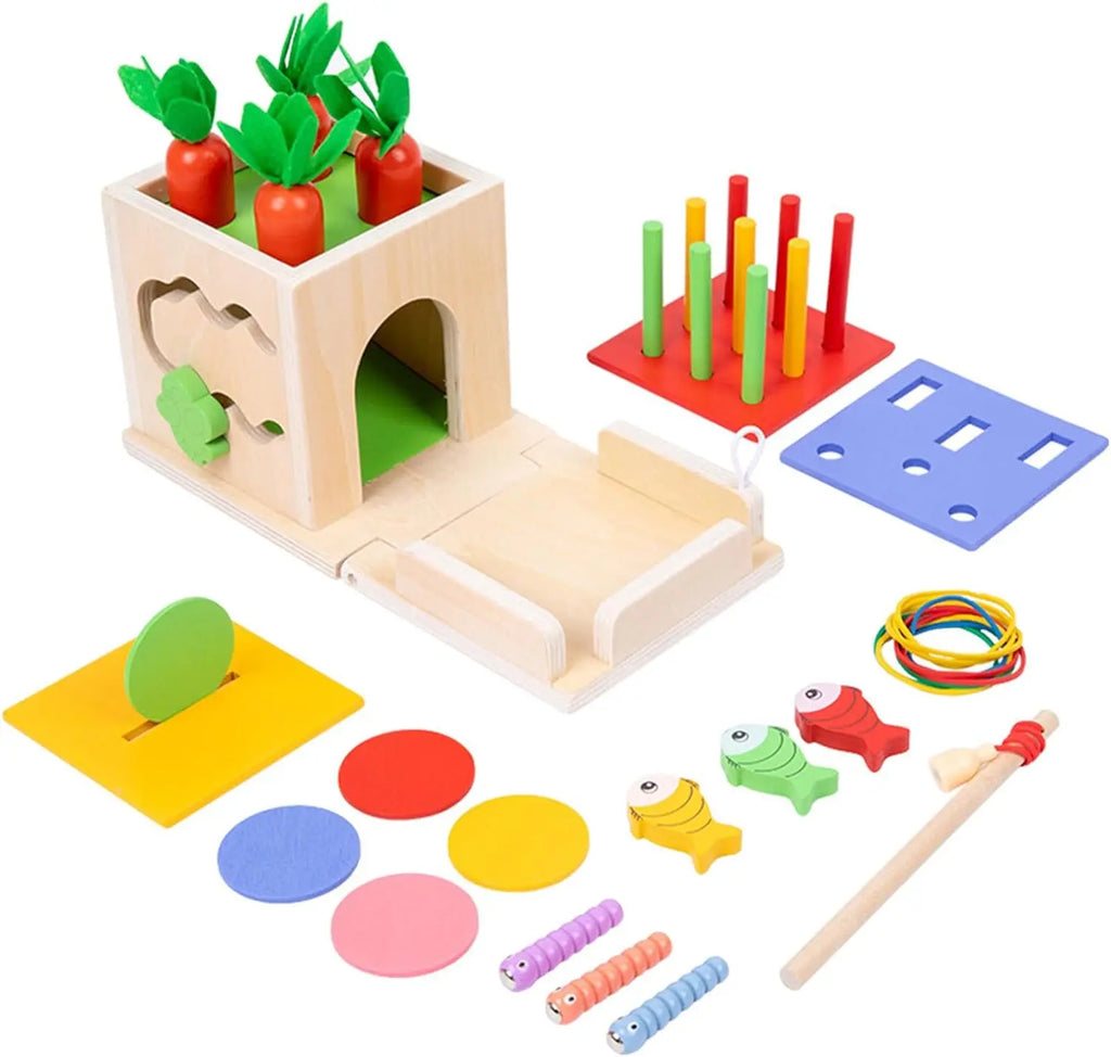 Montessori Wooden Awakening Kit — shape sorter, pieces and carrot