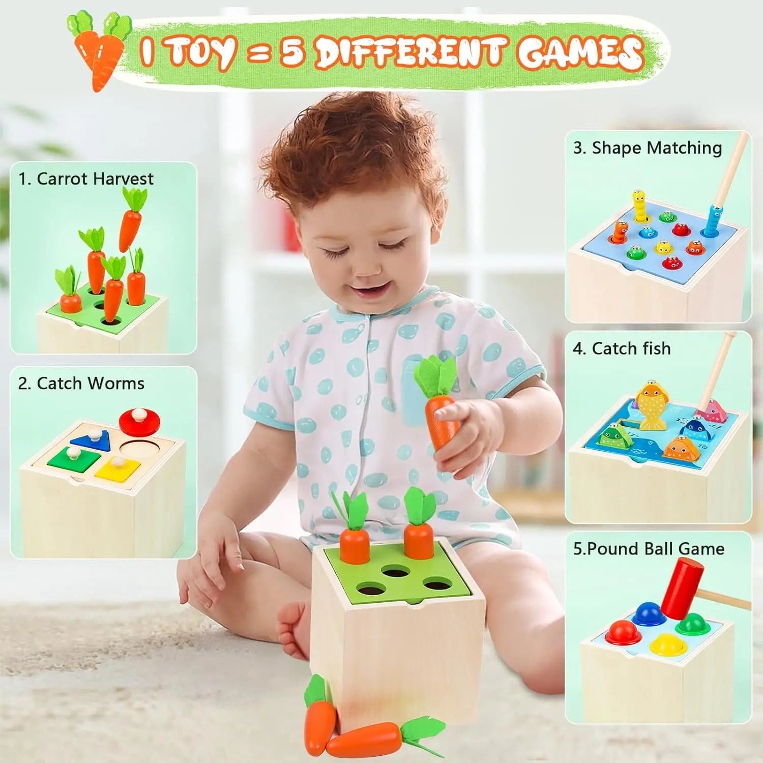 Kit d'éveil Montessori en bois — boîte à formes, pièces et carotte